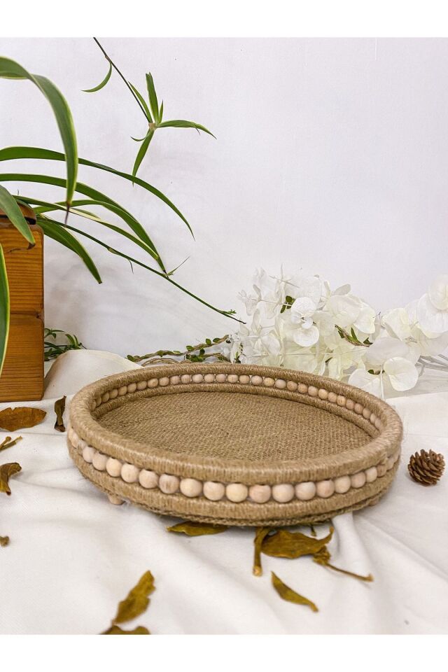 Ahşap Küçük Boncuklu 25 Cm Hasır Doğal Rafya/jüt Tepsi, Dekoratif Tepsi, Banyo, Ev, Dekor Tepsi JÜT İP - 130 x 190