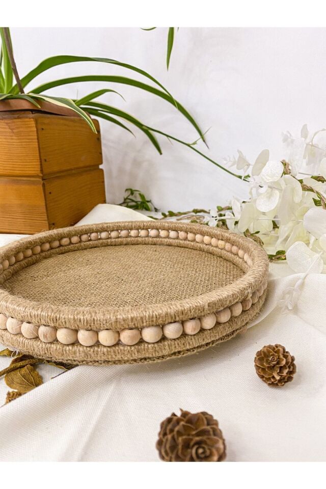 Ahşap Küçük Boncuklu 25 Cm Hasır Doğal Rafya/jüt Tepsi, Dekoratif Tepsi, Banyo, Ev, Dekor Tepsi JÜT İP - 130 x 190