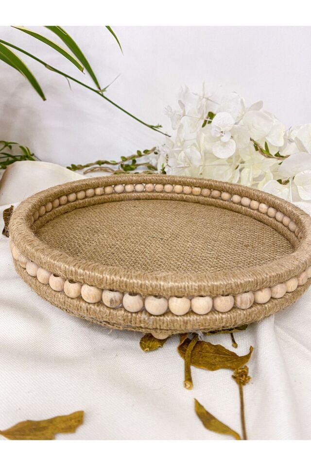 Ahşap Küçük Boncuklu 25 Cm Hasır Doğal Rafya/jüt Tepsi, Dekoratif Tepsi, Banyo, Ev, Dekor Tepsi JÜT İP - 130 x 190