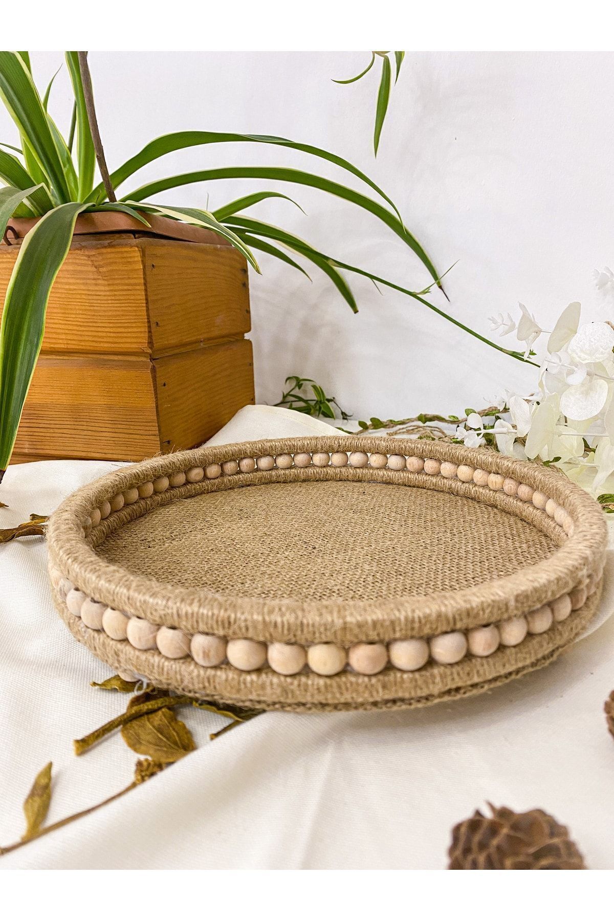 Ahşap Küçük Boncuklu 25 Cm Hasır Doğal Rafya/jüt Tepsi, Dekoratif Tepsi, Banyo, Ev, Dekor Tepsi JÜT İP - 130 x 190