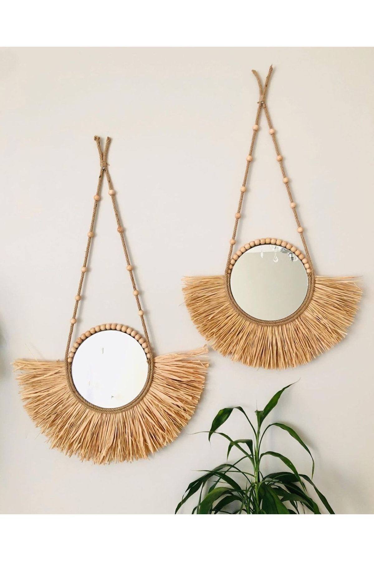 Rafya Yelpaze Ayna 2li Set Hasır - 34 x 34