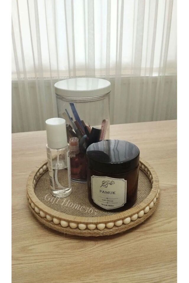 Ahsap Boncuklu 25 Cm Hasir Dogal Bohem Rafya/jüt Tepsi, Dekoratif Tepsi, Banyo, Ev, Dekor Tepsi