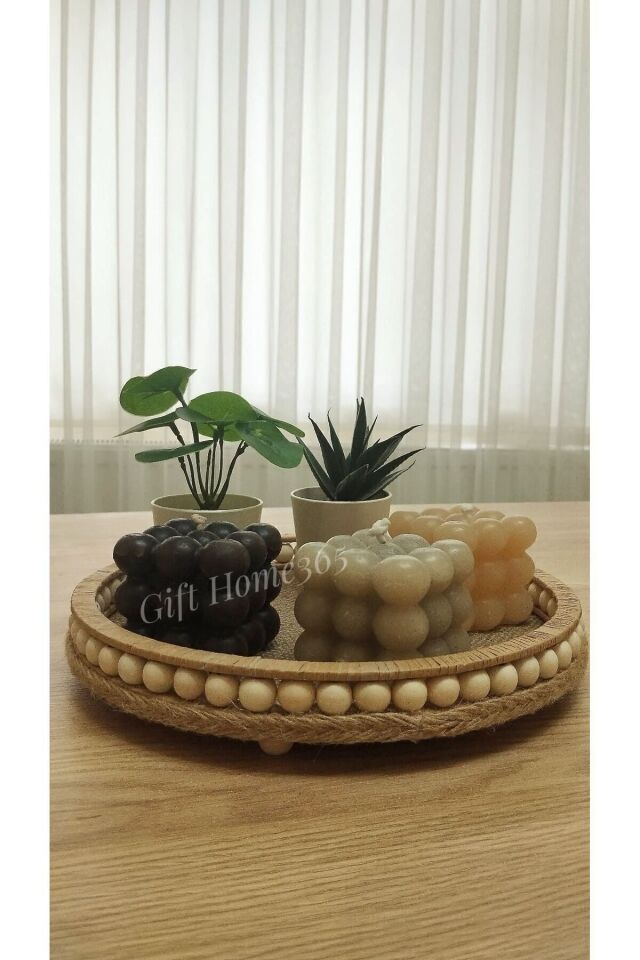 Ahsap Boncuklu 25 Cm Hasir Dogal Bohem Rafya/jüt Tepsi, Dekoratif Tepsi, Banyo, Ev, Dekor Tepsi