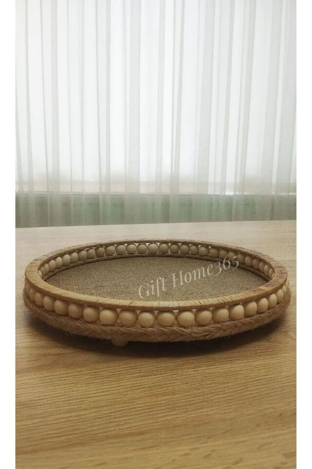 Ahsap Boncuklu 25 Cm Hasir Dogal Bohem Rafya/jüt Tepsi, Dekoratif Tepsi, Banyo, Ev, Dekor Tepsi