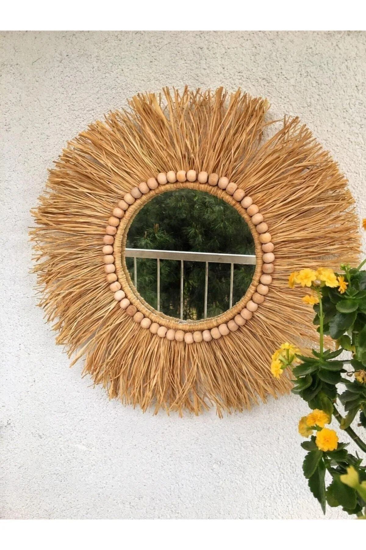 Dekoratif Aynalı Rafya Duvar Süsü Bohemian Style Boncuk Detaylı Ayna 45 Cm