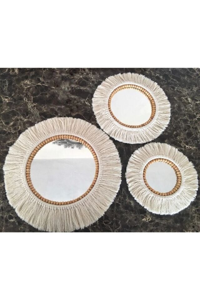 Boho Aynası Yumuşak Makrome Ayna Beyaz Duvar Dekoru 3'lü Set