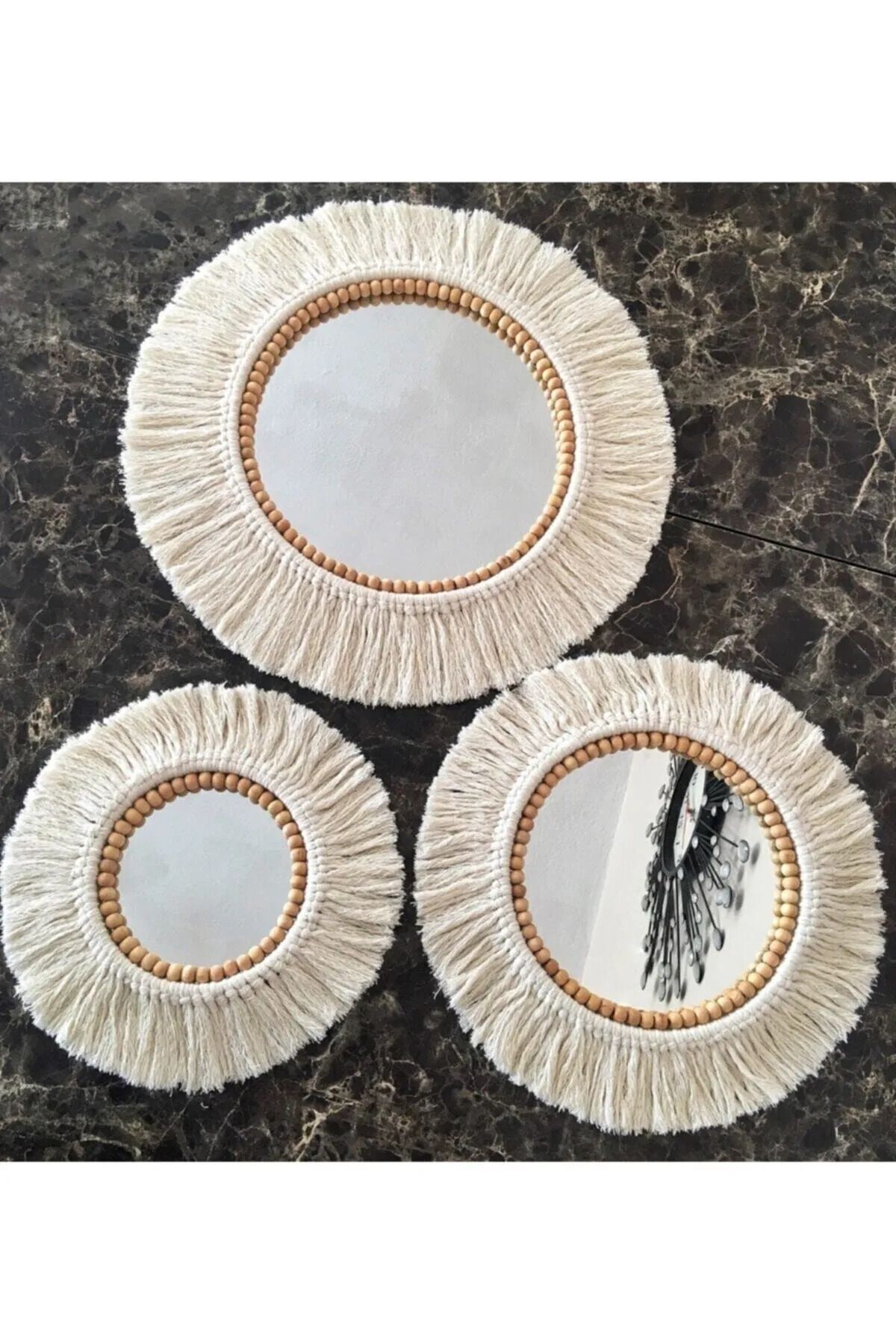Boho Aynası Yumuşak Makrome Ayna Beyaz Duvar Dekoru 3'lü Set