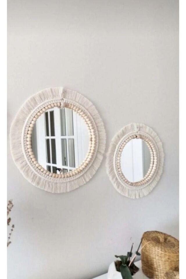 Boho Aynası Yumuşak Makrome Ayna Beyaz Duvar Dekoru