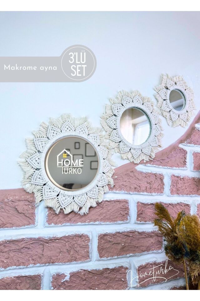 Dekoratif, Iskandinav 3-lü Aynalı Duvar Süsü, Makrome Ayna Seti, Ev, Duvar, Dekoru, Süs Eşyası.