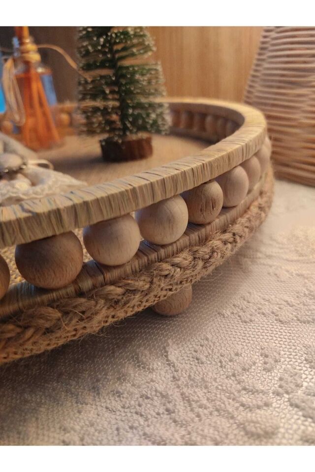 Ahşap Boncuklu 30 Cm Hasır Tepsi
