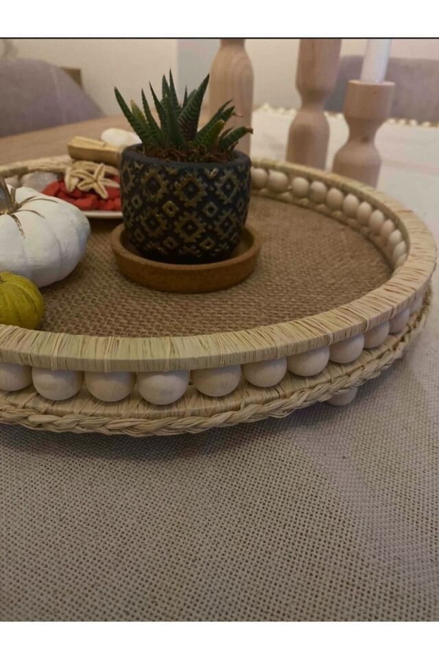 Ahşap Boncuklu Doğal Rafya Hasır Dekoratif Tepsi 27.5 Cm