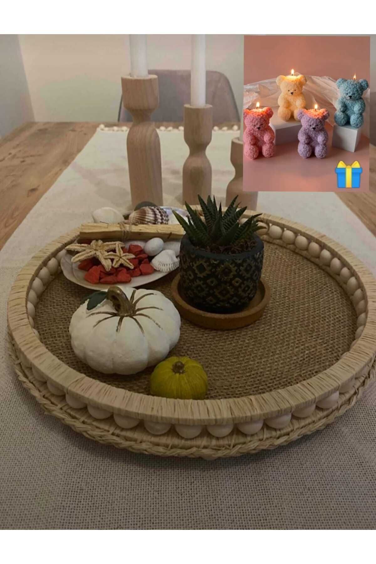 Ahşap Boncuklu Doğal Rafya Hasır Dekoratif Tepsi 27.5 Cm