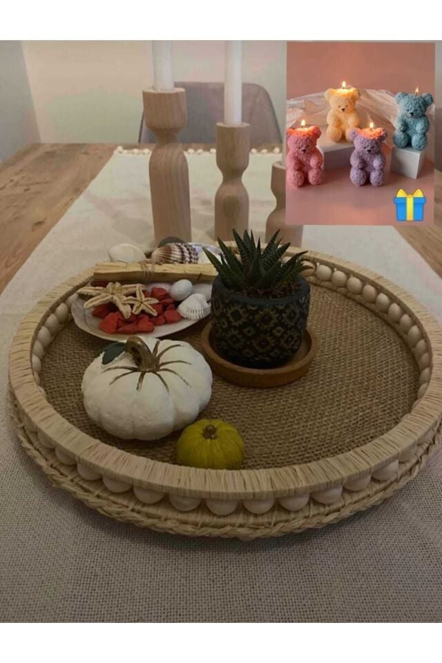 Ahşap Boncuklu Doğal Rafya Hasır Dekoratif Tepsi 27.5 Cm