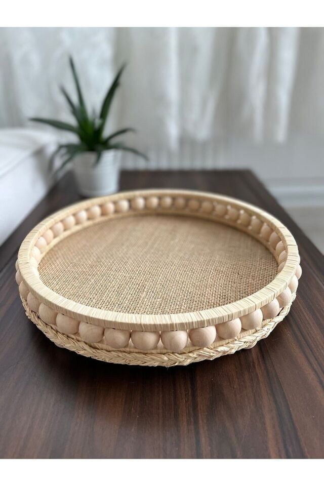 Ahşap Boncuklu Hasır 27-28 Cm Doğal Rafya Tepsi, Dekoratif Tepsi, Banyo, Ev, Masa Için Dekor Tepsi