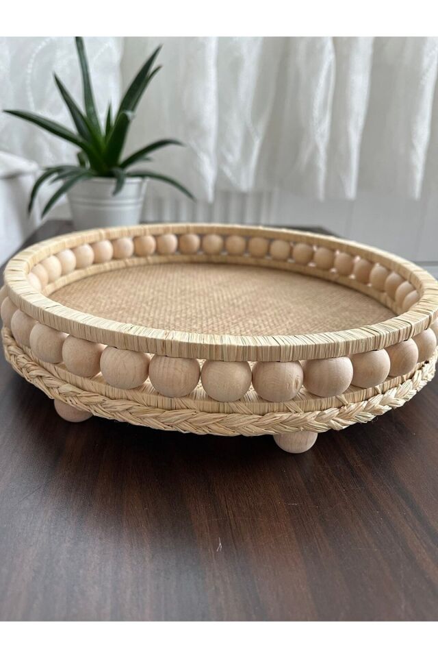 Ahşap Boncuklu Hasır 27-28 Cm Doğal Rafya Tepsi, Dekoratif Tepsi, Banyo, Ev, Masa Için Dekor Tepsi