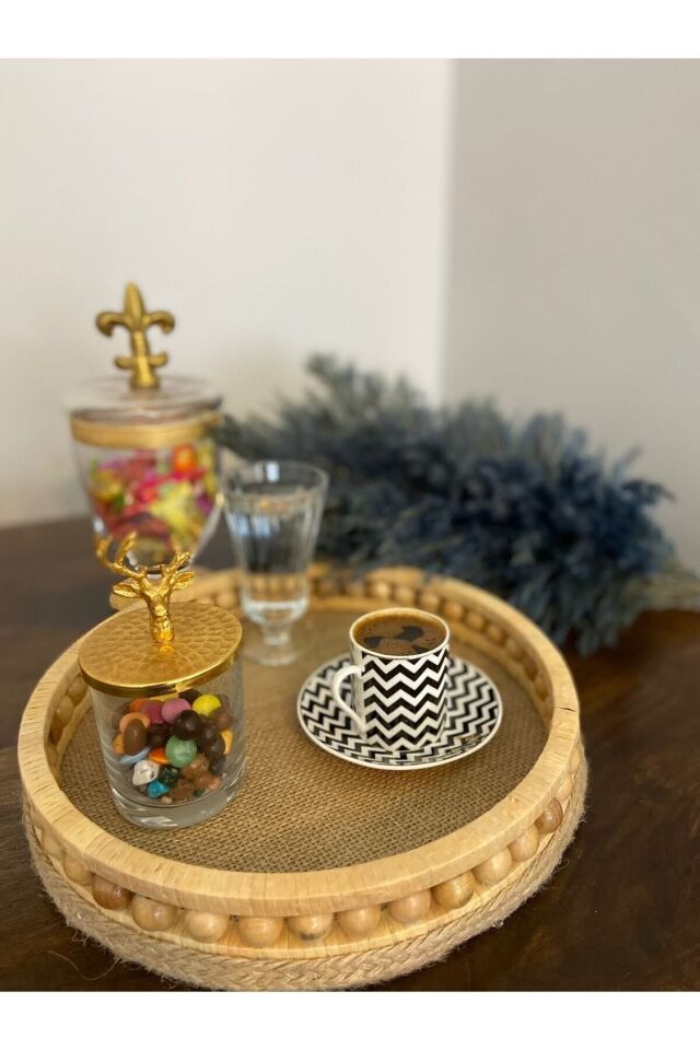 Ahşap Boncuklu Tasarım Sunumluk Dekoratif Tepsi Modeli Çap 30cm