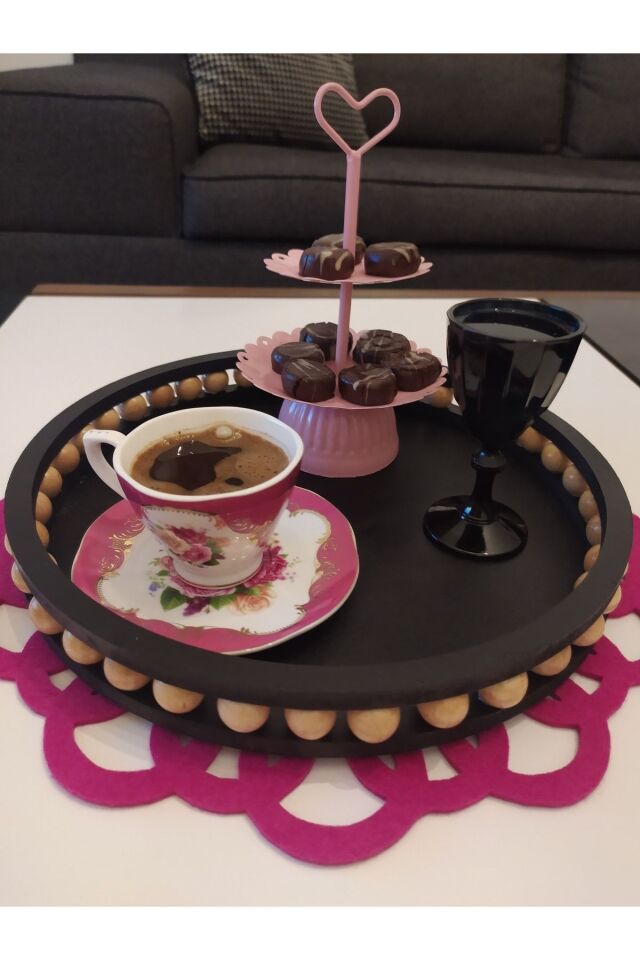 Siyah Ahşap Boncuklu Tepsi Modeli Çap 27 Cm