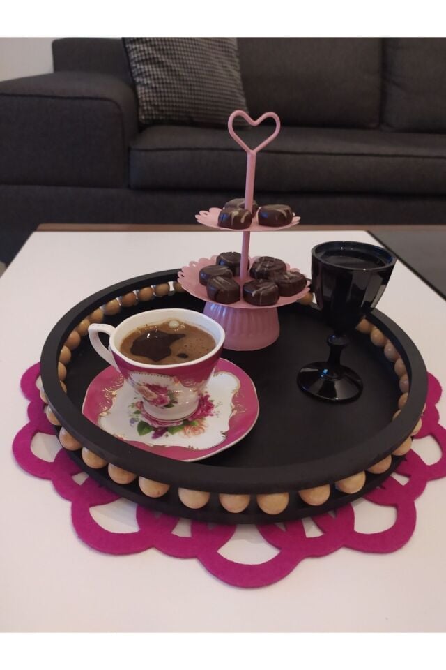 Siyah Ahşap Boncuklu Tepsi Modeli Çap 27 Cm