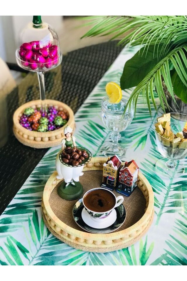 Ahşap Boncuklu Hasır Sunumluk Ve Dekoratif Tepsiler