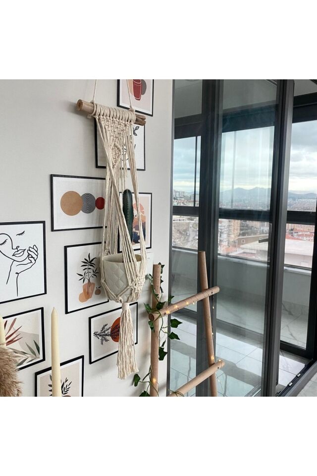 Makrome Macrame Duvar Süsü Süs Ekru Ip Dekoratif Tasarım