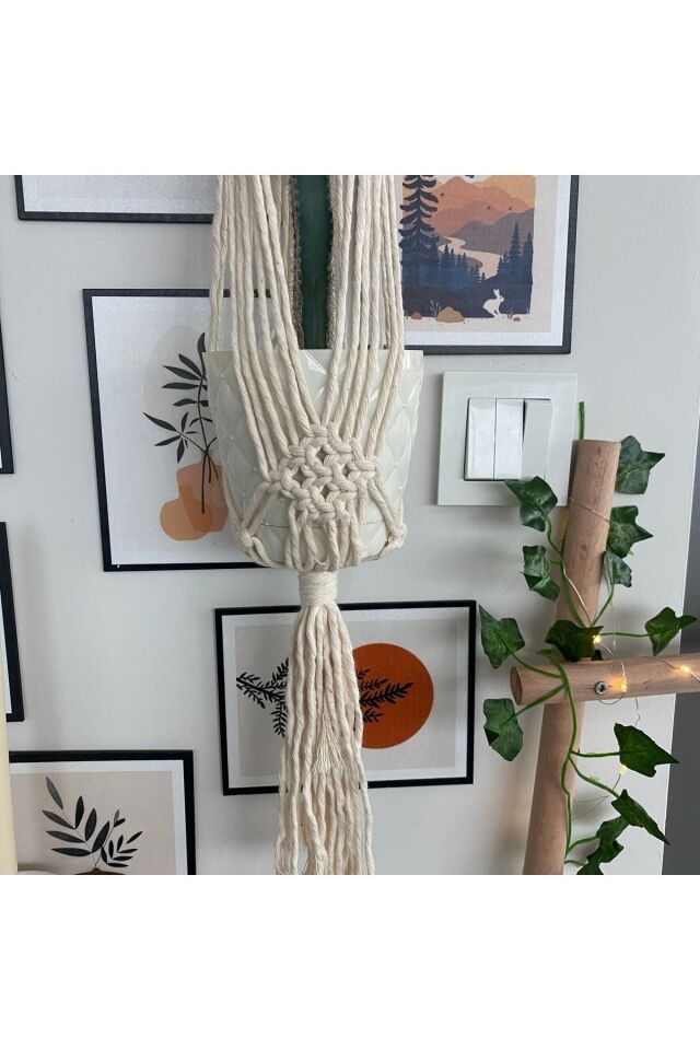Makrome Macrame Duvar Süsü Süs Ekru Ip Dekoratif Tasarım