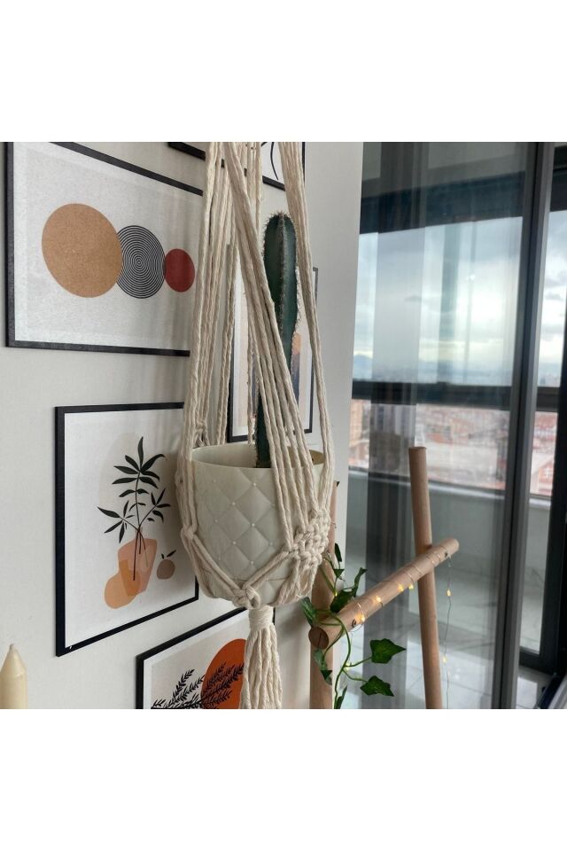 Makrome Macrame Duvar Süsü Süs Ekru Ip Dekoratif Tasarım