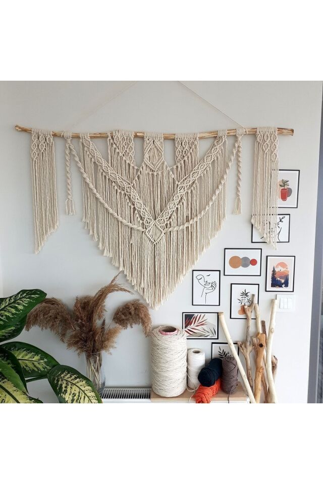Makrome Macrame Duvar Süsü Süs Ekru Ip Dekoratif Tasarım Özel Hediye Hediyelik Sus Susu El Yapımı
