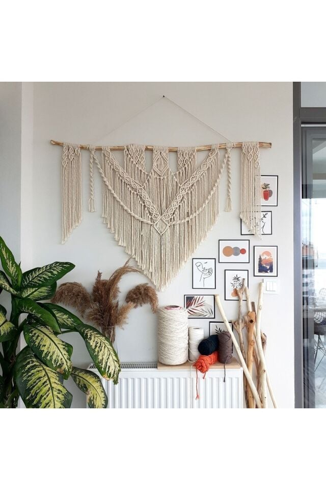 Makrome Macrame Duvar Süsü Süs Ekru Ip Dekoratif Tasarım Özel Hediye Hediyelik Sus Susu El Yapımı