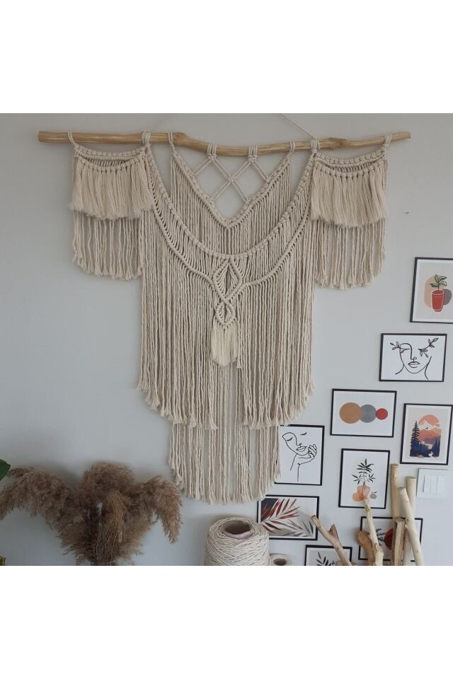 Makrome Macrame Duvar Süsü Süs Ekru Ip Dekoratif Tasarım Özel Hediye Hediyelik Sus Susu El Yapımı
