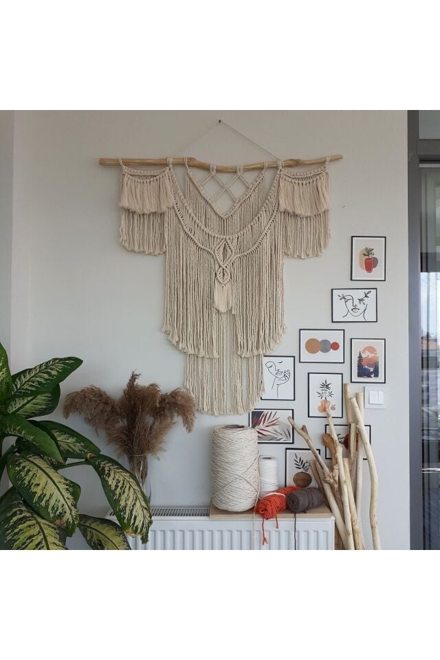 Makrome Macrame Duvar Süsü Süs Ekru Ip Dekoratif Tasarım Özel Hediye Hediyelik Sus Susu El Yapımı