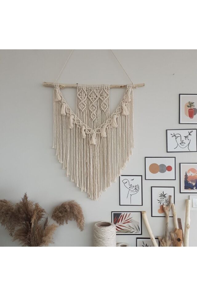 Makrome Macrame Duvar Süsü Süs Ekru Ip Dekoratif Tasarım Özel Hediye Hediyelik Sus Susu El Yapımı