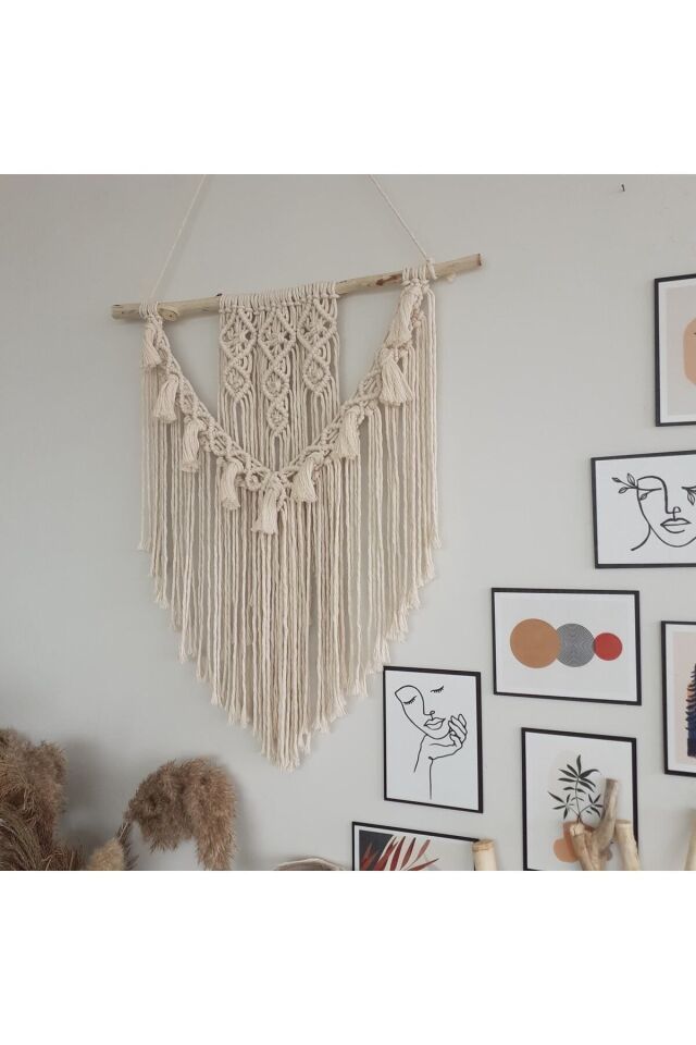 Makrome Macrame Duvar Süsü Süs Ekru Ip Dekoratif Tasarım Özel Hediye Hediyelik Sus Susu El Yapımı