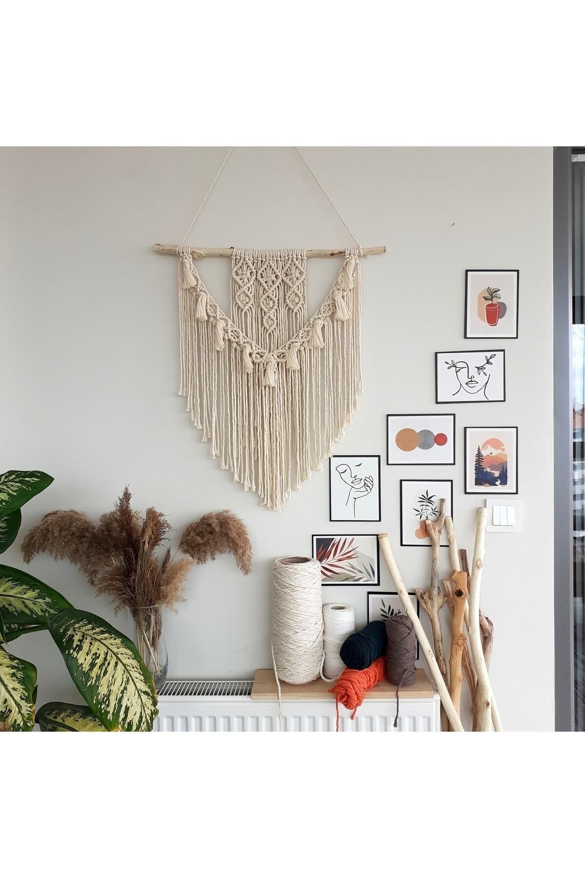 Makrome Macrame Duvar Süsü Süs Ekru Ip Dekoratif Tasarım Özel Hediye Hediyelik Sus Susu El Yapımı