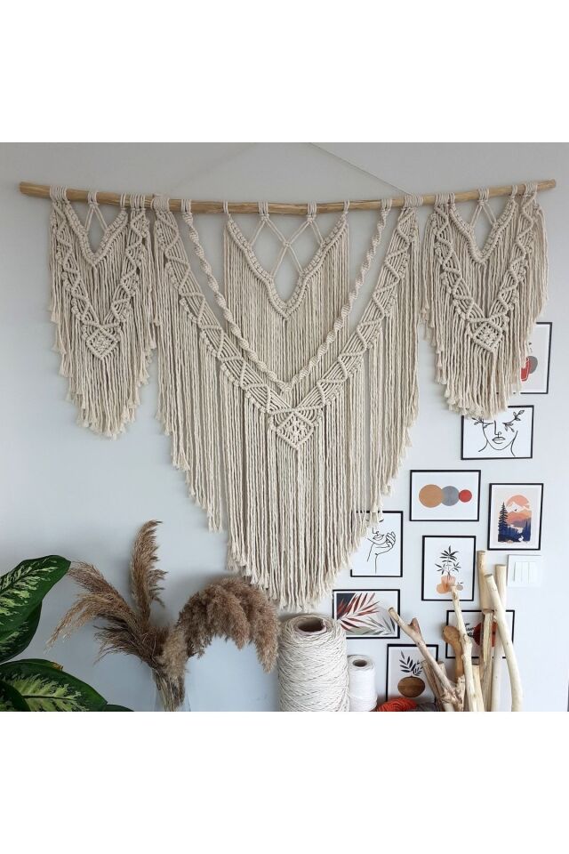 Makrome Macrame Duvar Süsü Süs Ekru Ip Dekoratif Tasarım Özel Hediye Hediyelik Sus Susu El Yapımı