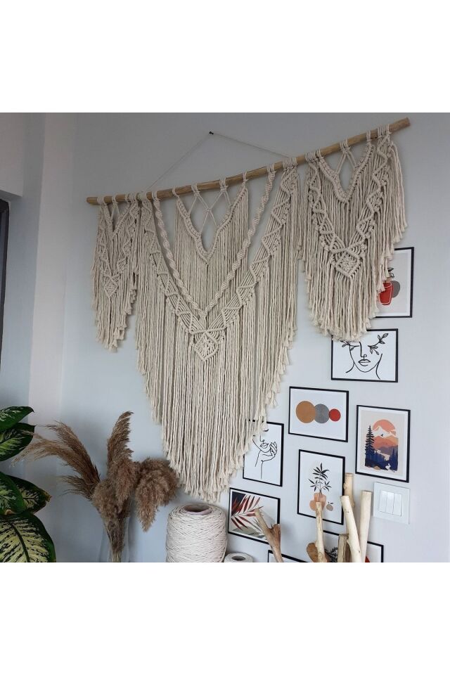 Makrome Macrame Duvar Süsü Süs Ekru Ip Dekoratif Tasarım Özel Hediye Hediyelik Sus Susu El Yapımı