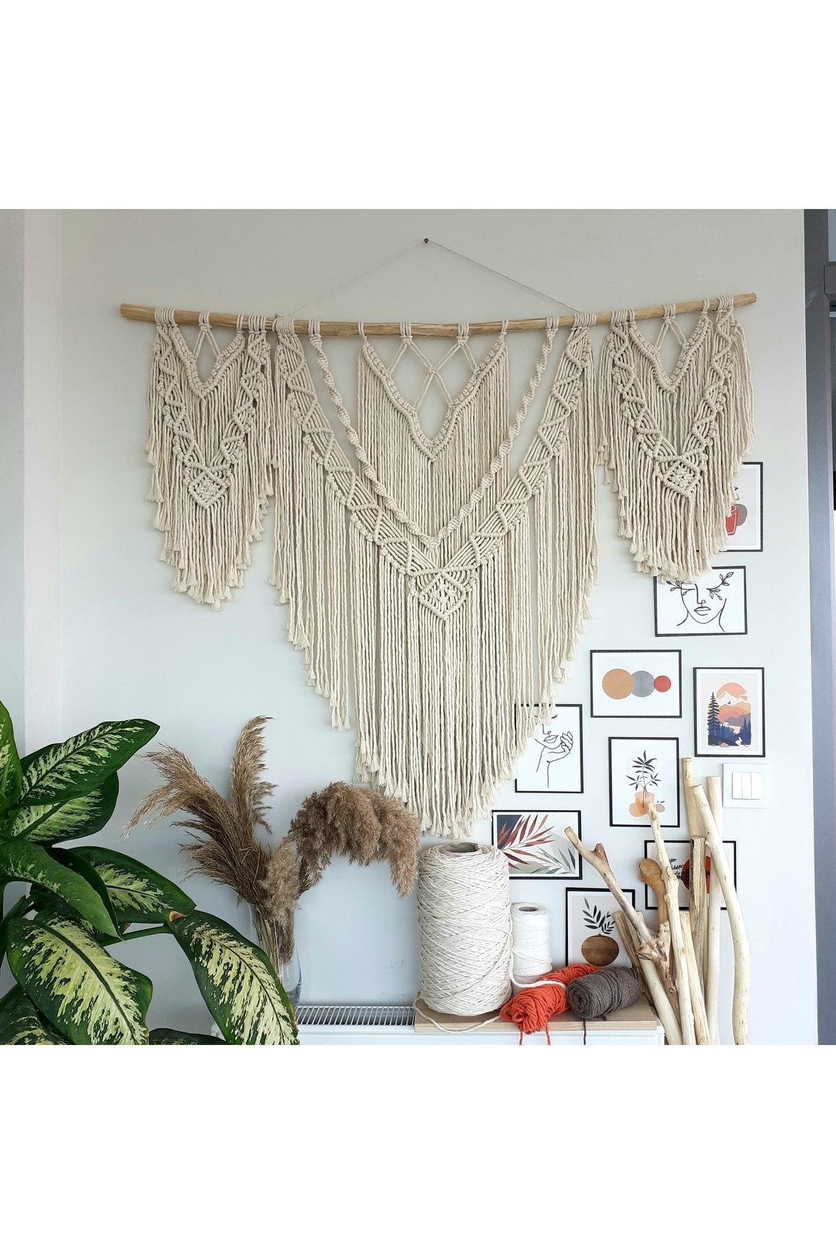 Makrome Macrame Duvar Süsü Süs Ekru Ip Dekoratif Tasarım Özel Hediye Hediyelik Sus Susu El Yapımı