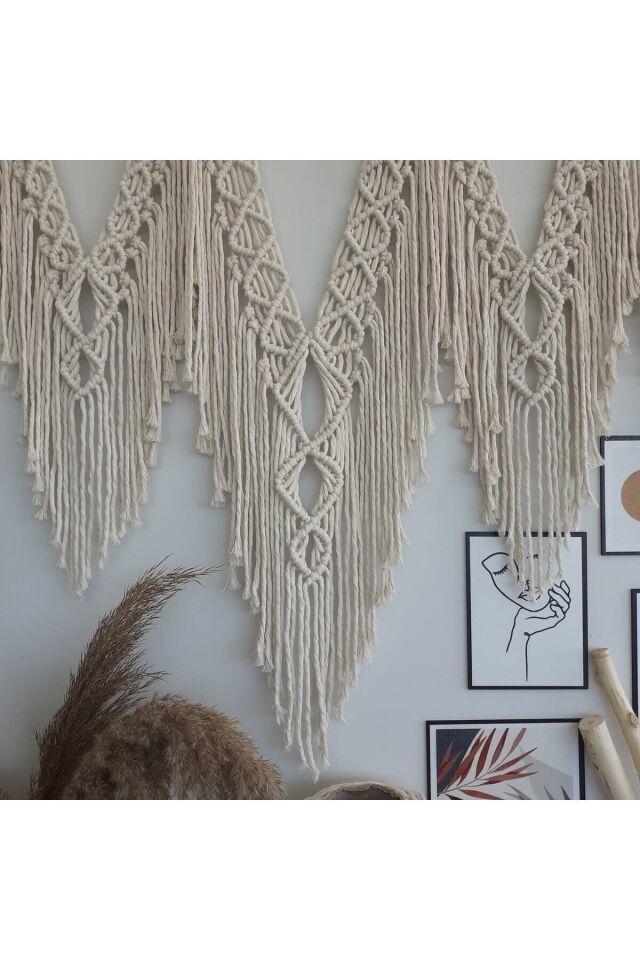 Makrome Macrame Duvar Süsü Süs Ekru Ip Dekoratif Tasarım