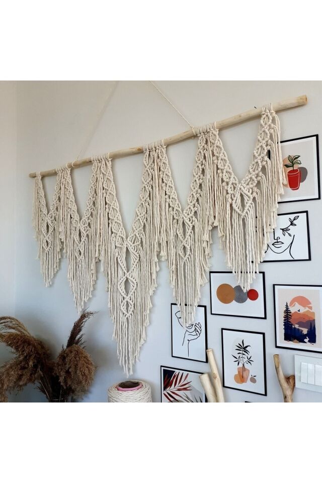 Makrome Macrame Duvar Süsü Süs Ekru Ip Dekoratif Tasarım