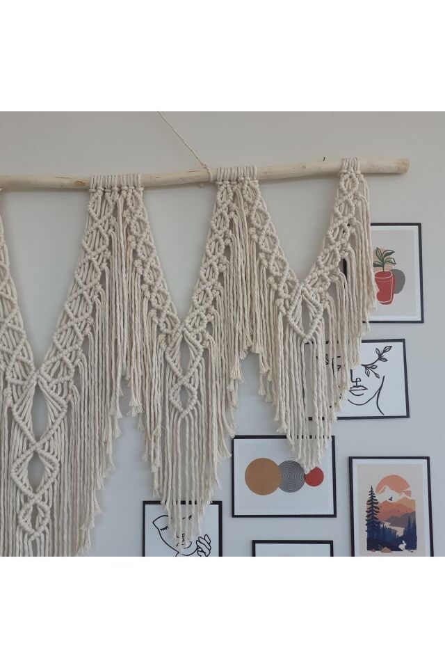 Makrome Macrame Duvar Süsü Süs Ekru Ip Dekoratif Tasarım
