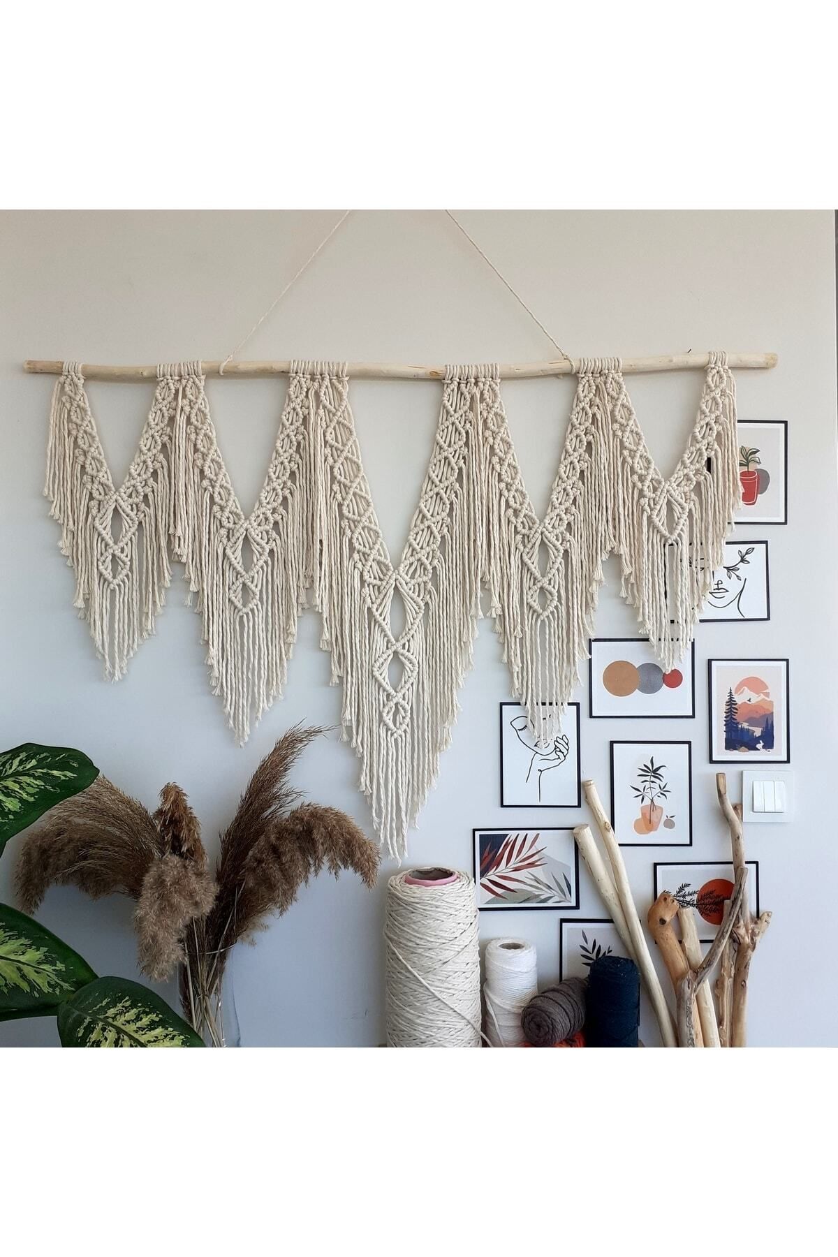 Makrome Macrame Duvar Süsü Süs Ekru Ip Dekoratif Tasarım