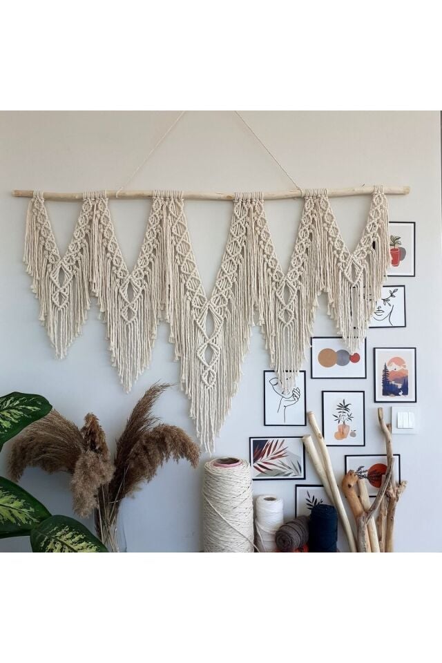 Makrome Macrame Duvar Süsü Süs Ekru Ip Dekoratif Tasarım