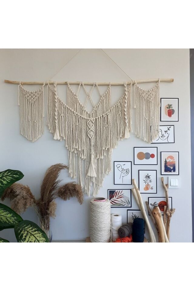 Makrome Macrame Duvar Süsü Süs Ekru Ip Dekoratif Tasarım Özel Hediye Hediyelik Sus Susu El Yapımı
