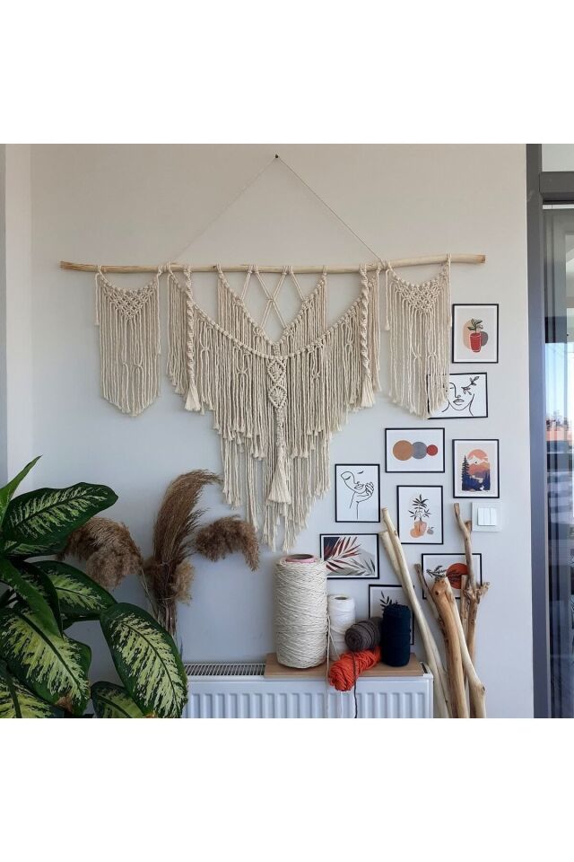 Makrome Macrame Duvar Süsü Süs Ekru Ip Dekoratif Tasarım Özel Hediye Hediyelik Sus Susu El Yapımı