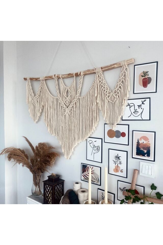 Makrome Macrame Duvar Süsü Süs Ekru Ip Dekoratif Tasarım