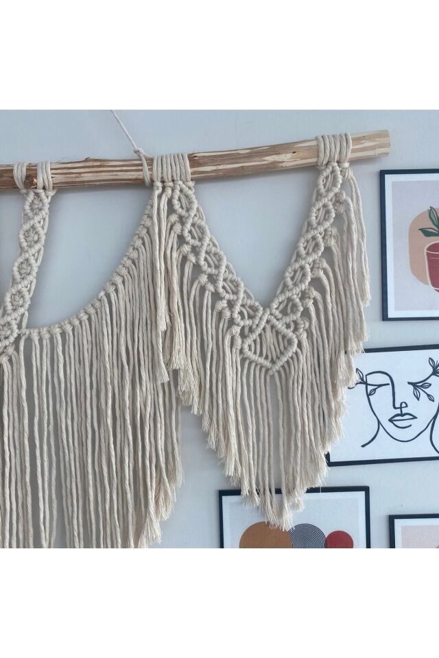 Makrome Macrame Duvar Süsü Süs Ekru Ip Dekoratif Tasarım