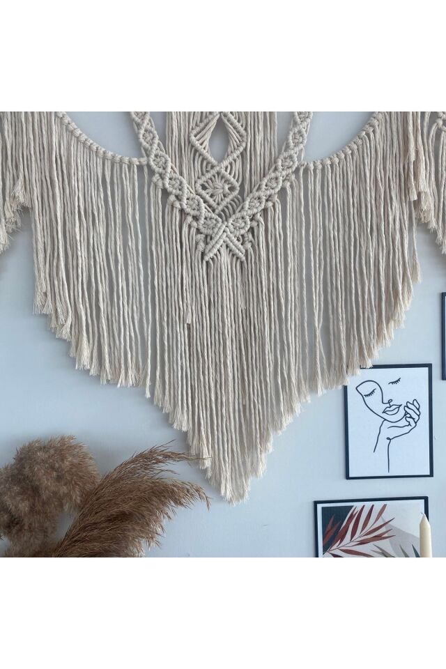 Makrome Macrame Duvar Süsü Süs Ekru Ip Dekoratif Tasarım
