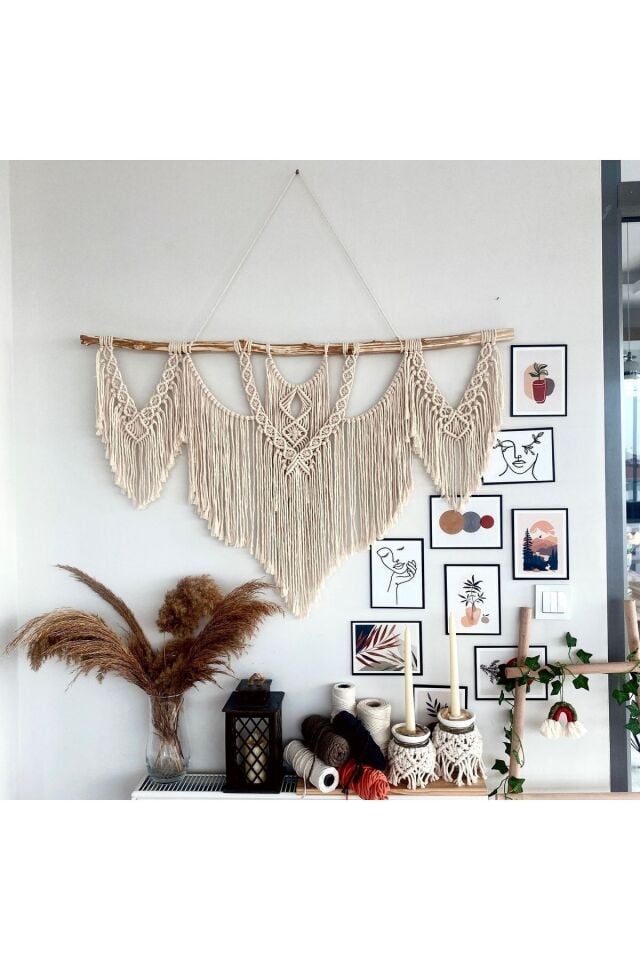 Makrome Macrame Duvar Süsü Süs Ekru Ip Dekoratif Tasarım