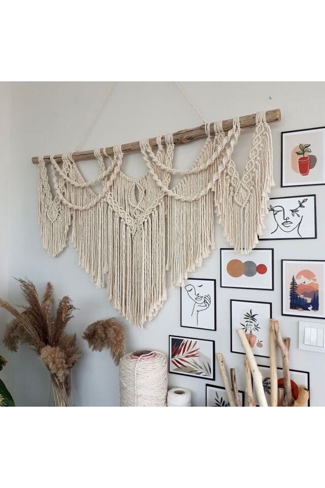 Makrome Macrame Duvar Süsü Süs Ekru Ip Dekoratif Tasarım Özel Hediye Hediyelik Sus Susu El Yapımı