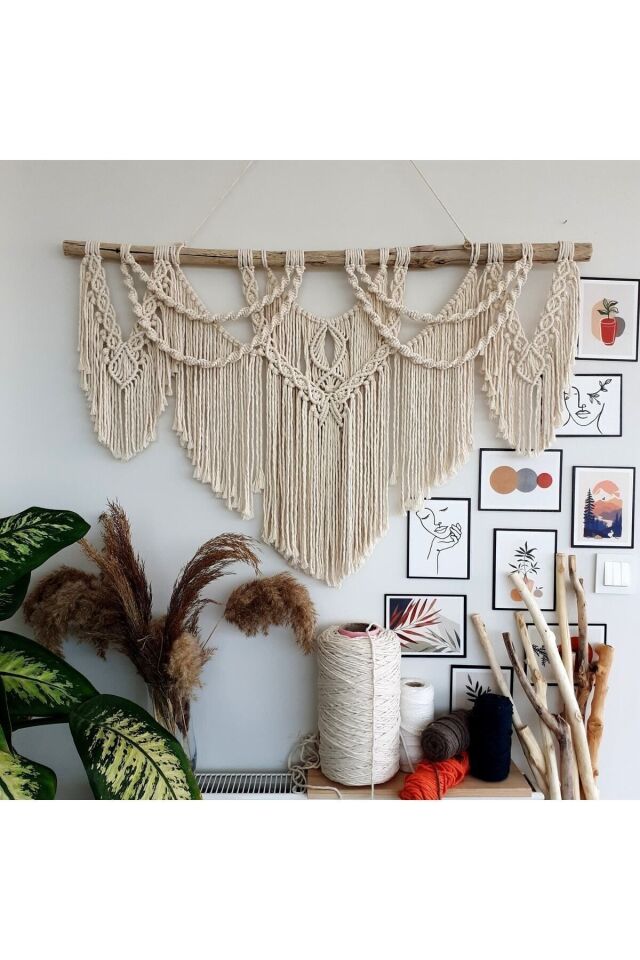 Makrome Macrame Duvar Süsü Süs Ekru Ip Dekoratif Tasarım Özel Hediye Hediyelik Sus Susu El Yapımı