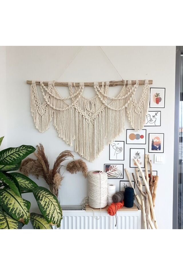 Makrome Macrame Duvar Süsü Süs Ekru Ip Dekoratif Tasarım Özel Hediye Hediyelik Sus Susu El Yapımı